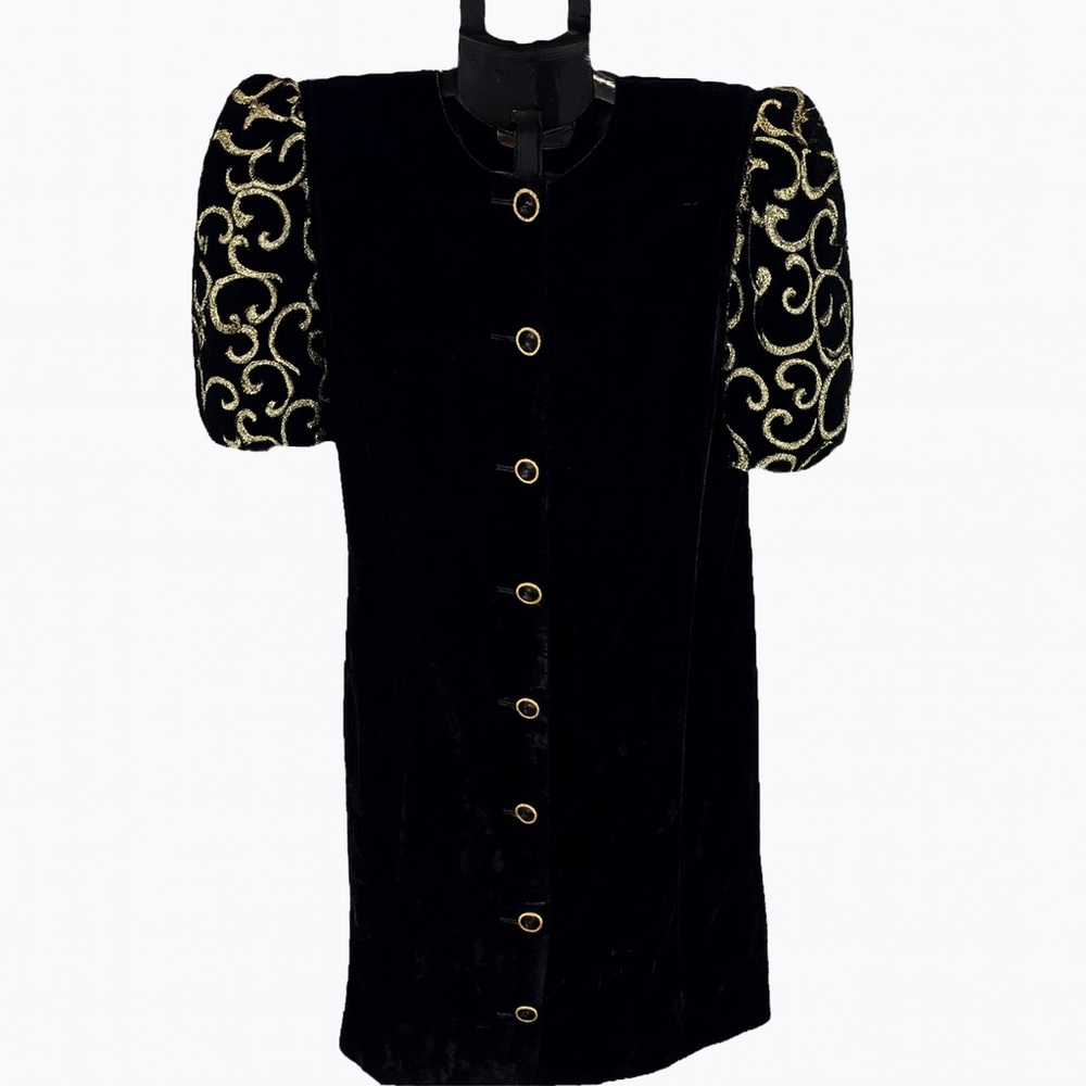 Vintage 80's Jessica Howard Black Velvet Gold Embroidered Puff Sleeve Size L
